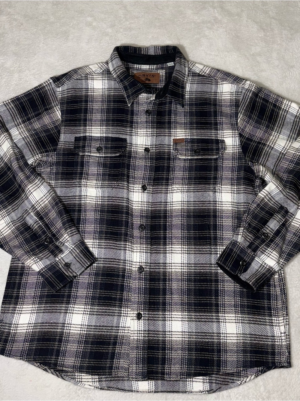 Orvis Men's XL Black White Gray Plaid Flannel Button-Up Jacket